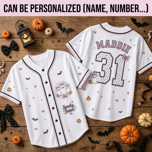 Personalized Spooky Season Ghost Baseball Jersey - Custom Name and Number Coquette Pink Halloween Jersey