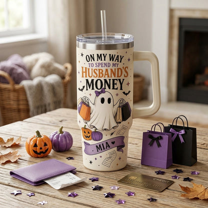 Personalized Spooky Ghost Shopping Tumbler 40oz with Handle - Custom Name Funny Halloween Gift for Wife