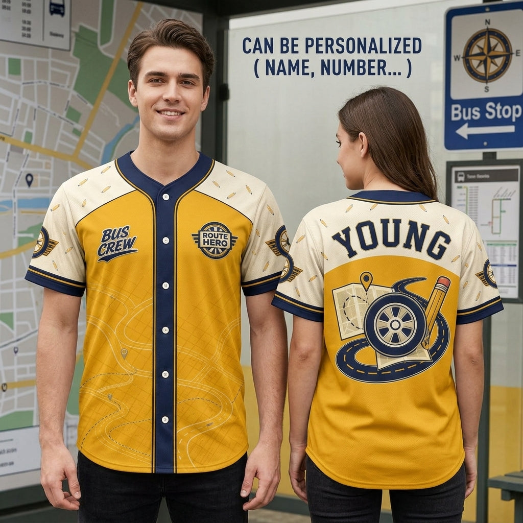 Personalized School Bus Driver Baseball Jersey - Custom Name Bus Crew Route Hero Appreciation Gift