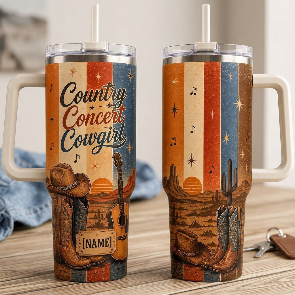 Personalized Country Concert Cowgirl 40oz Tumbler with Handle - Custom Name Western Travel Mug