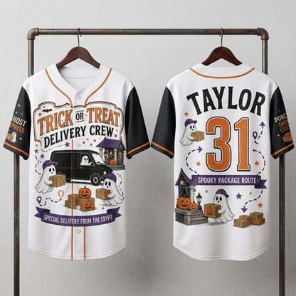 Personalized Trick or Treat Delivery Crew Halloween Baseball Jersey - Custom Name Ghost Express Spooky Shirt