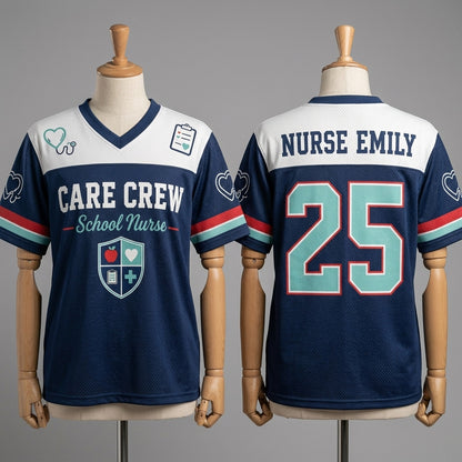 Personalized School Nurse Football Jersey - Custom Name Care Crew Mesh Athletic Shirt