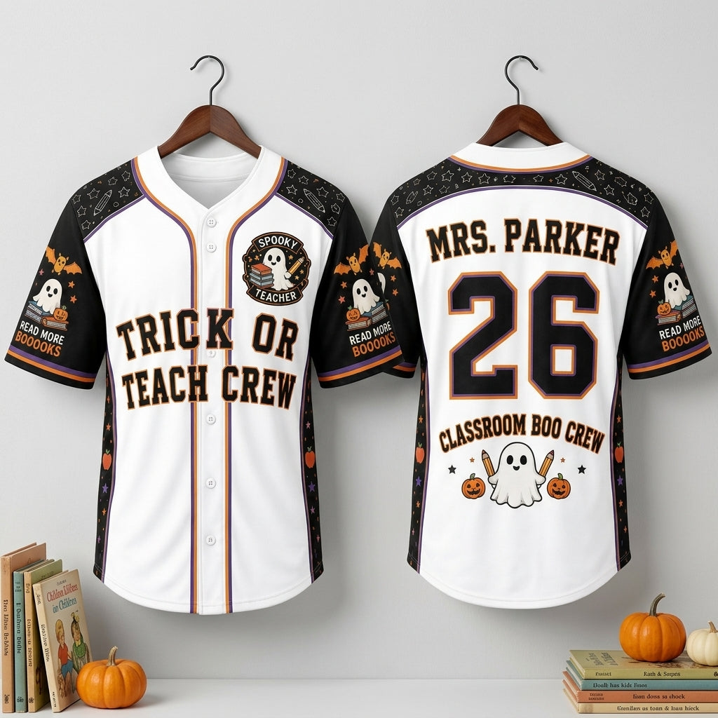 Personalized Trick or Teach Crew Baseball Jersey - Custom Spooky Teacher Halloween Gift for Classroom Boo Crew