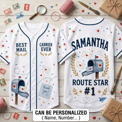 Personalized Best Mail Carrier Ever Baseball Jersey - Custom Name & Route Star #1 Postal Gift
