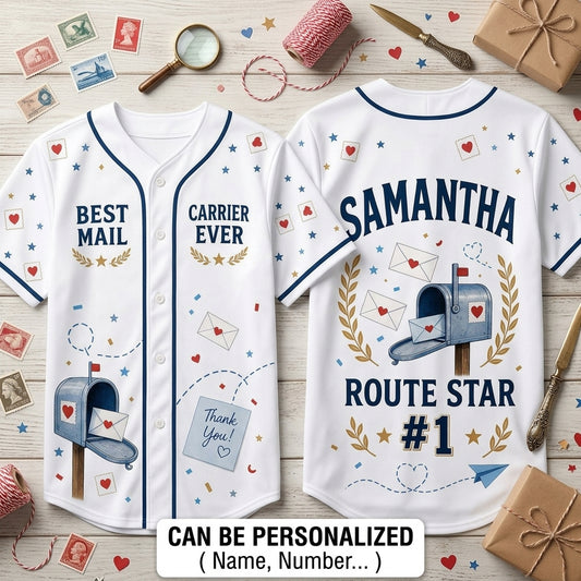 Personalized Best Mail Carrier Ever Baseball Jersey - Custom Name & Route Star #1 Postal Gift