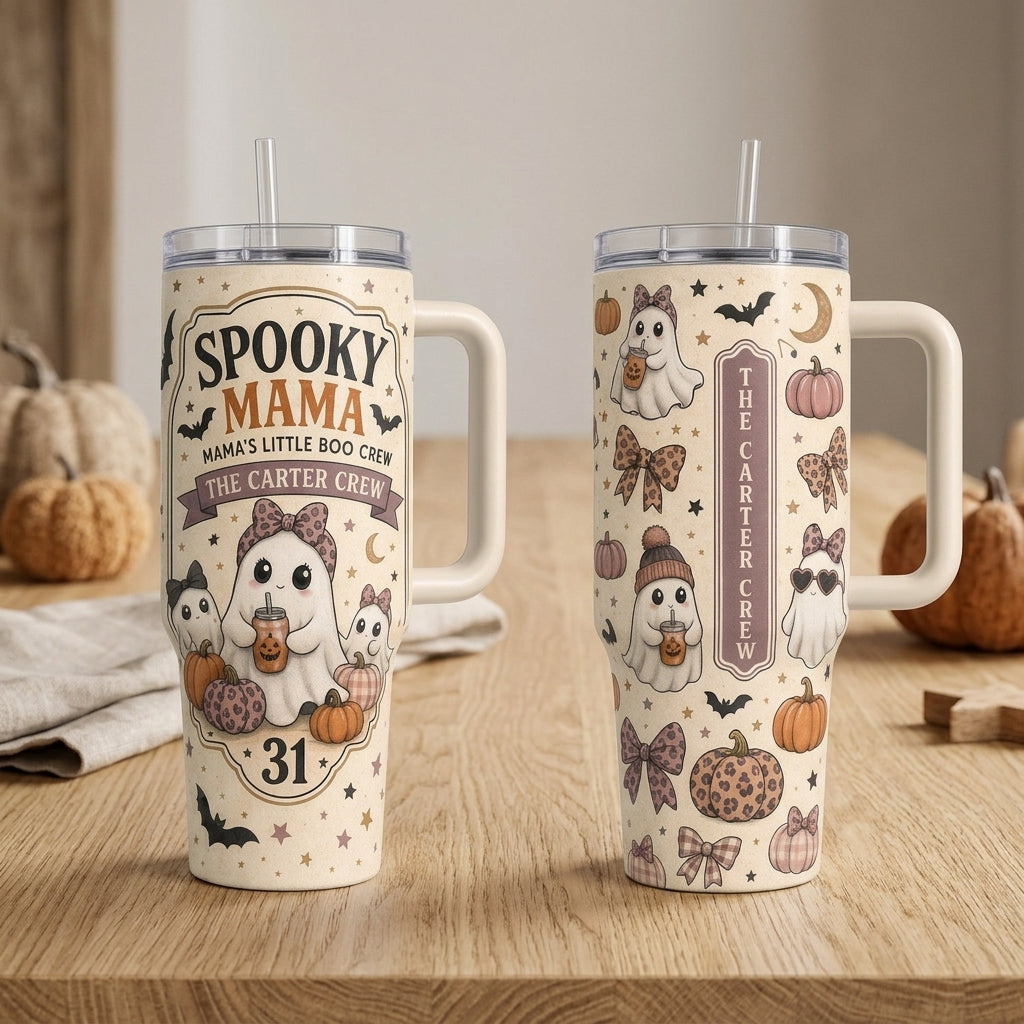Personalized Spooky Mama 40oz Tumbler with Handle - Custom Family Name Mama's Little Boo Crew Halloween Gift