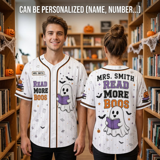Personalized Read More Boos Halloween Baseball Jersey - Custom Teacher Name Ghost Reading Shirt for Librarians