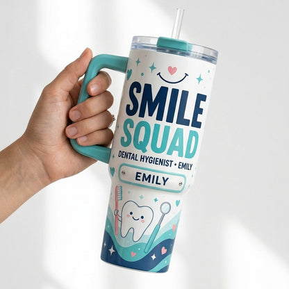 Personalized Smile Squad 40oz Tumbler with Handle - Custom Name Gift for Dental Hygienist & Dentist