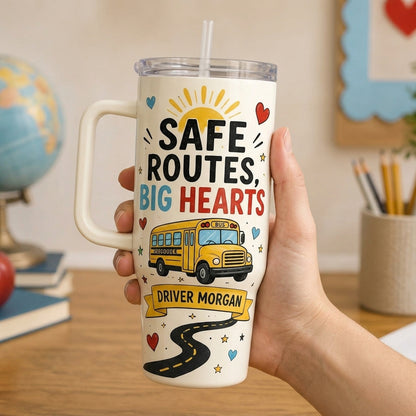 Personalized School Bus Driver 40oz Tumbler with Handle - Custom Name Appreciation Gift