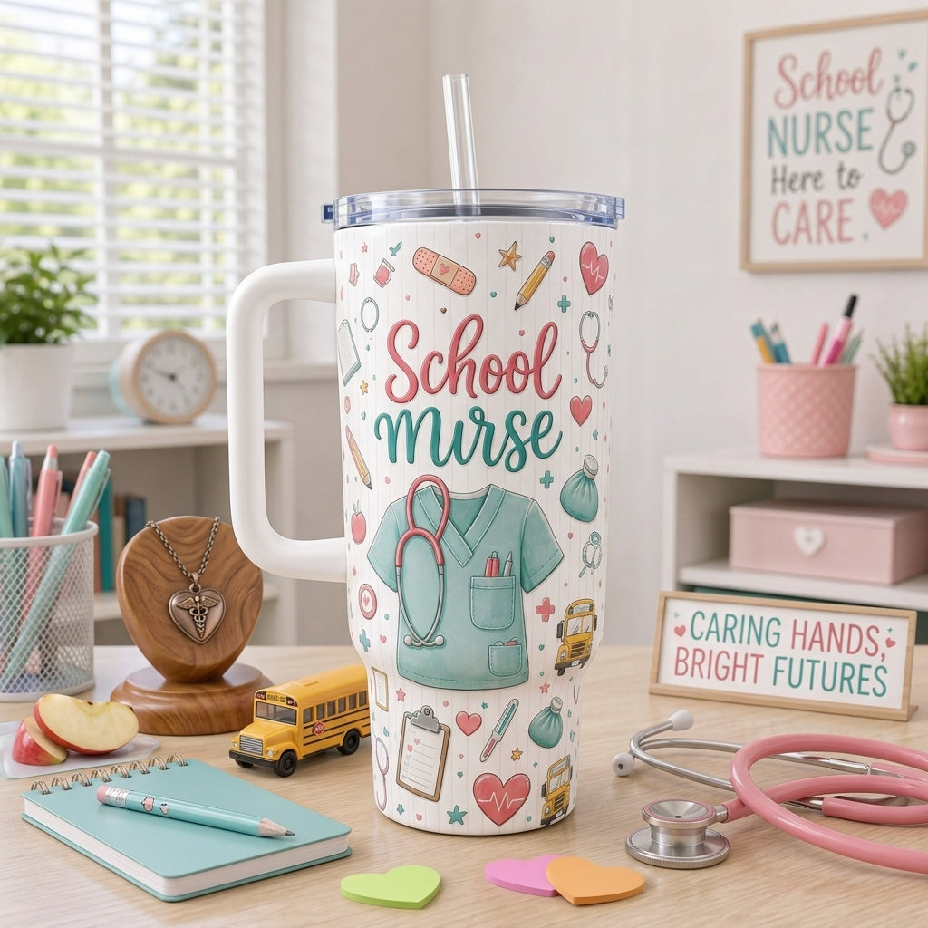 School Nurse 40oz Tumbler with Handle - Cute Healthcare Appreciation Gift for School Nurses