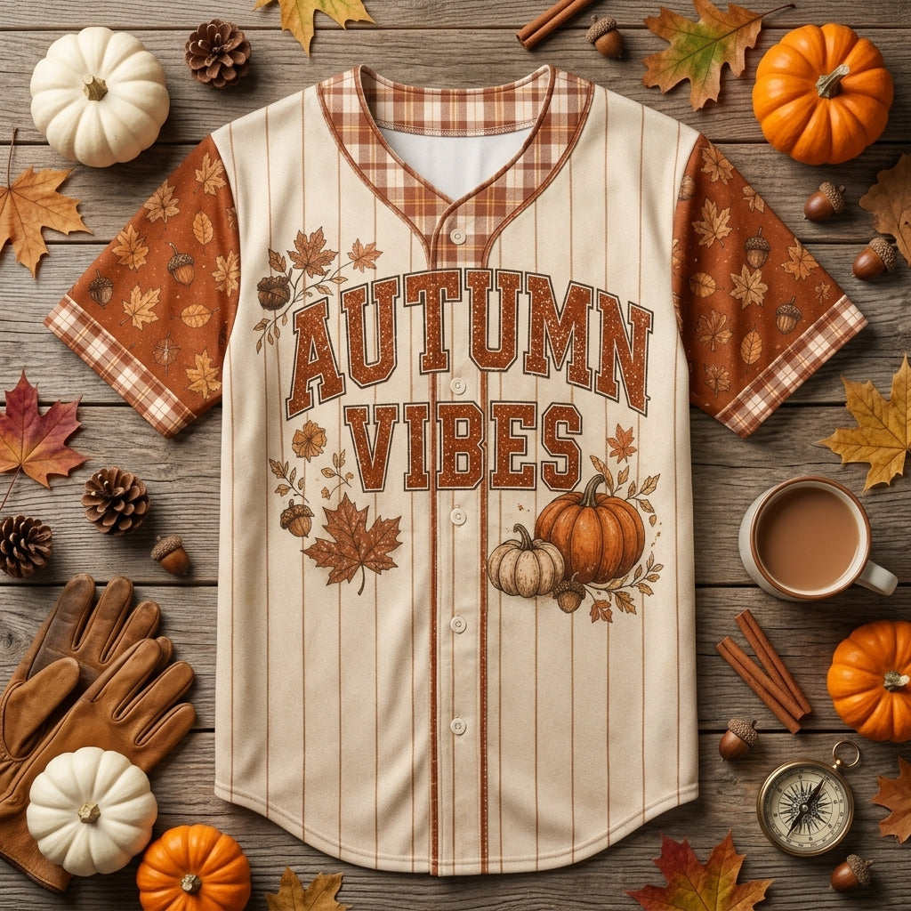 Personalized Autumn Vibes Fall Baseball Jersey - Custom Name Pumpkin & Leaf Print Button Down