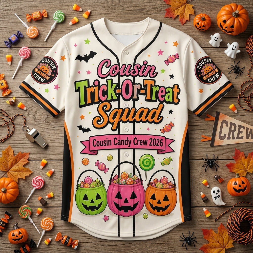 Personalized Cousin Trick-Or-Treat Squad Baseball Jersey - Custom Family Halloween Candy Crew Shirt