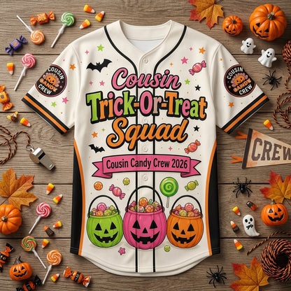 Personalized Cousin Trick-Or-Treat Squad Baseball Jersey - Custom Family Halloween Candy Crew Shirt