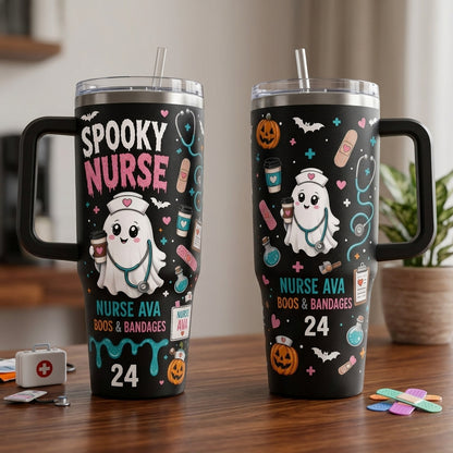 Personalized Spooky Nurse Halloween 40oz Tumbler with Handle - Custom Name Ghost Nurse Boos & Bandages Travel Mug