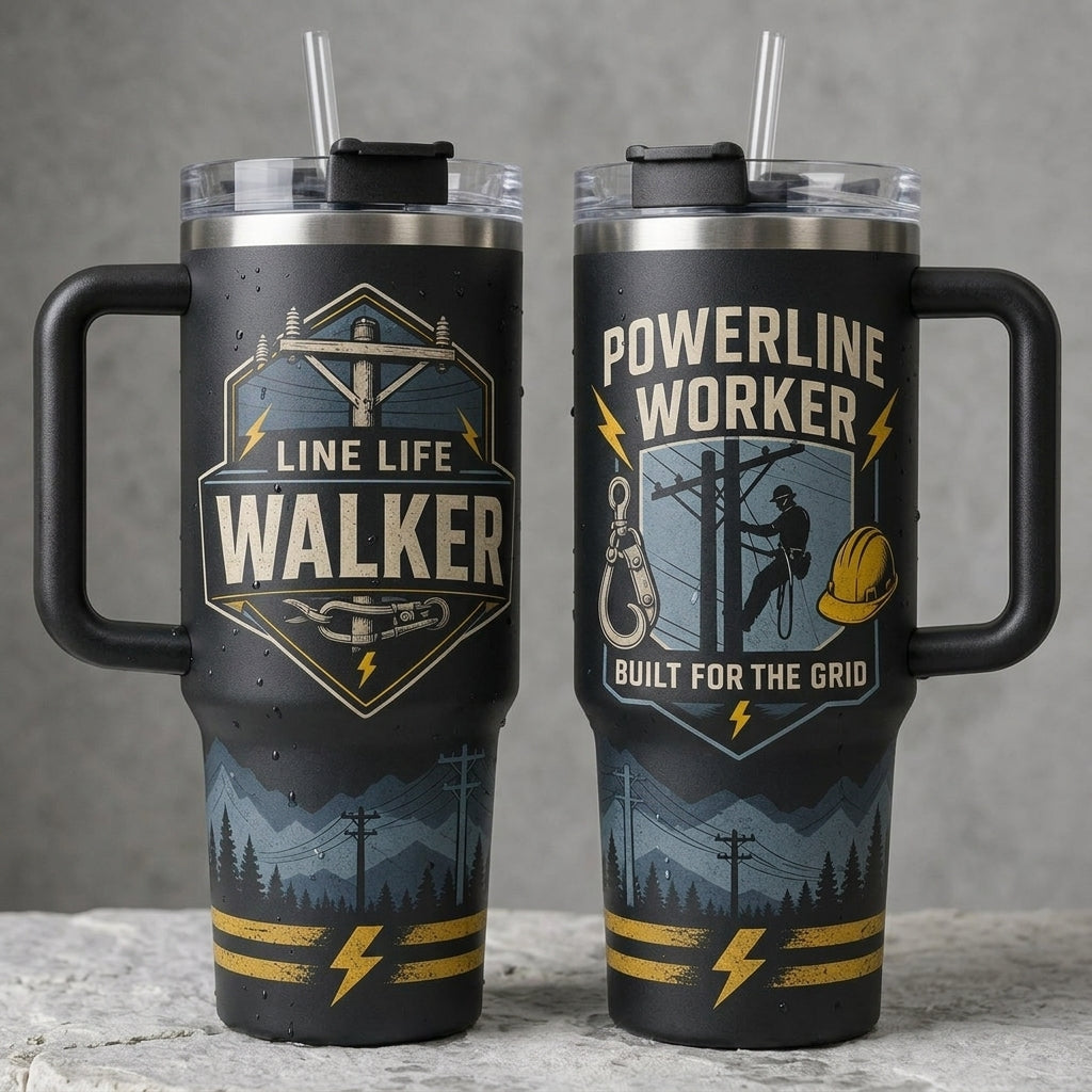 Personalized Powerline Worker 40oz Tumbler with Handle, Custom Name Gift for Lineman & Electricians, Built for the Grid