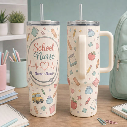 Personalized School Nurse 40oz Tumbler with Handle, Custom Name Medical Doodle Travel Mug Gift