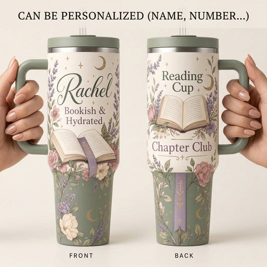 Personalized Bookish and Hydrated 40oz Tumbler with Handle - Custom Name Floral Book Lover Gift