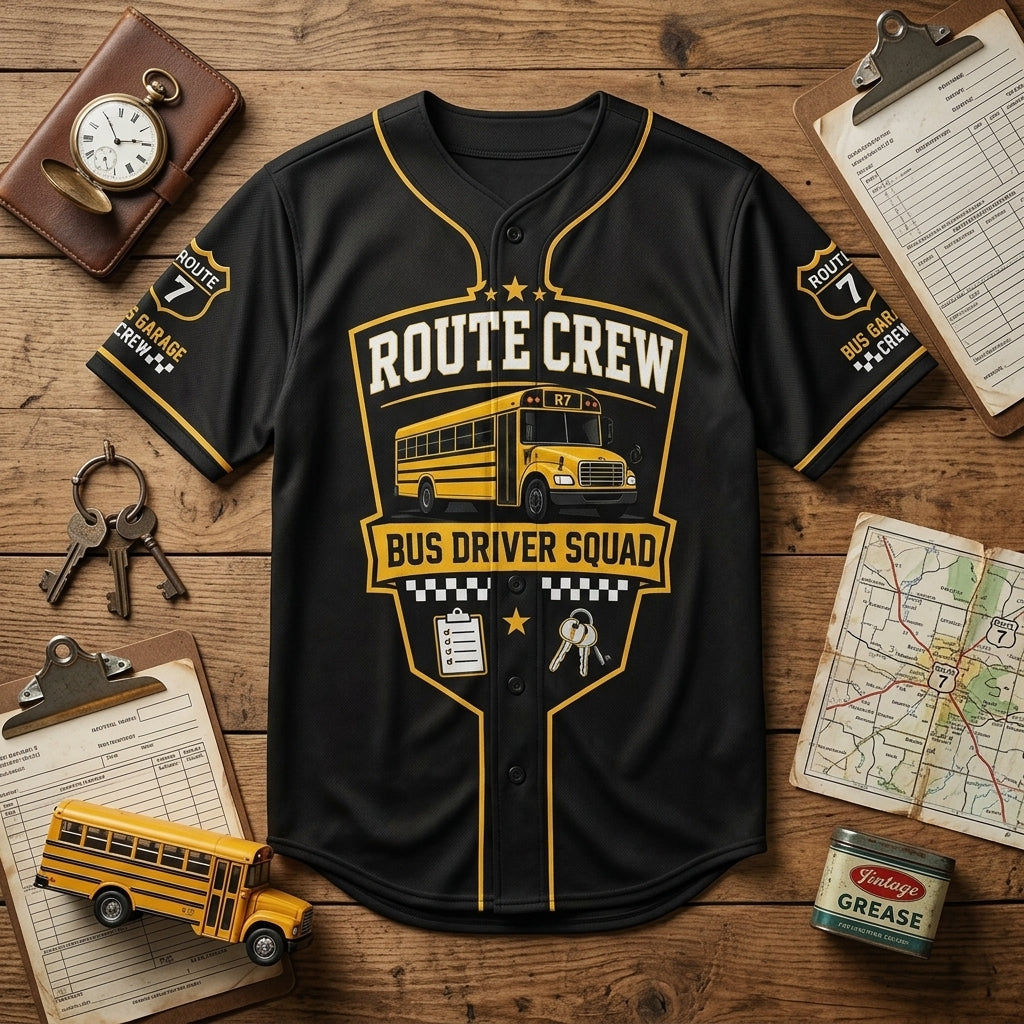Personalized School Bus Driver Route Crew Baseball Jersey - Custom Name and Number Black Athletic Uniform