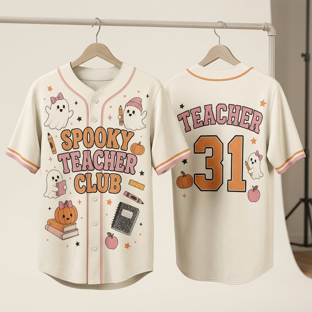 Personalized Spooky Teacher Club Baseball Jersey - Custom Ghost Halloween Teacher Gift - Retro Athletic Shirt