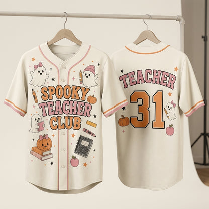 Personalized Spooky Teacher Club Baseball Jersey - Custom Ghost Halloween Teacher Gift - Retro Athletic Shirt