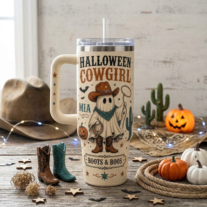 Personalized Halloween Cowgirl 40oz Tumbler with Handle - Custom Name Boots & Boos Western Spooky Gift