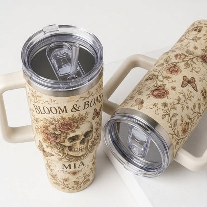Personalized Bloom & Bones Skull Floral 40oz Tumbler with Handle - Custom Name Vintage Gothic Gift