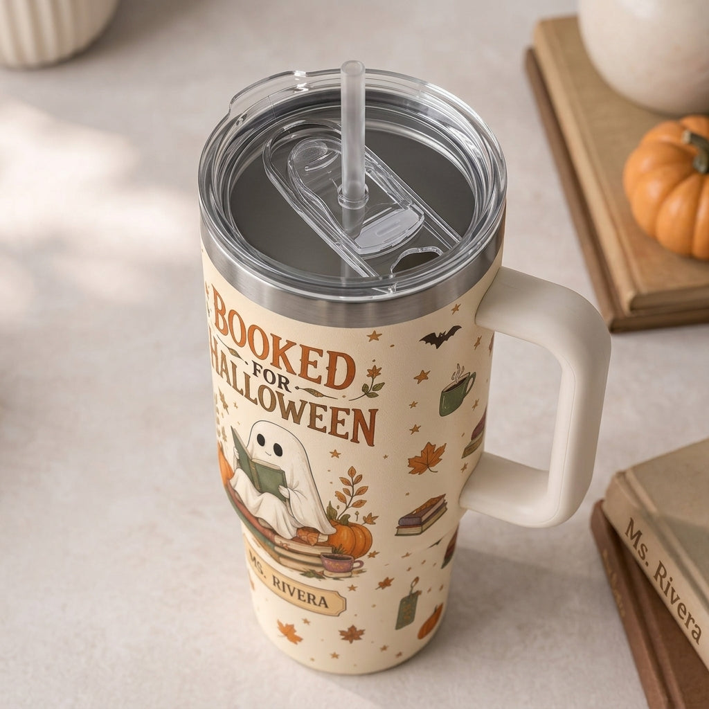 Personalized Booked for Halloween 40oz Tumbler - Custom Ghost Reading Books Gift for Teacher & Librarian