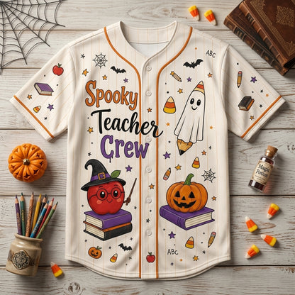 Personalized Spooky Teacher Crew Baseball Jersey - Custom Name Halloween Teaching Is Spooktacular