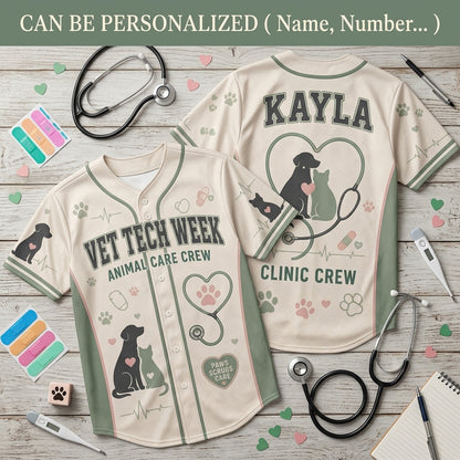 Personalized Vet Tech Week Baseball Jersey - Custom Name Animal Care Crew Clinic Uniform for Veterinary Staff