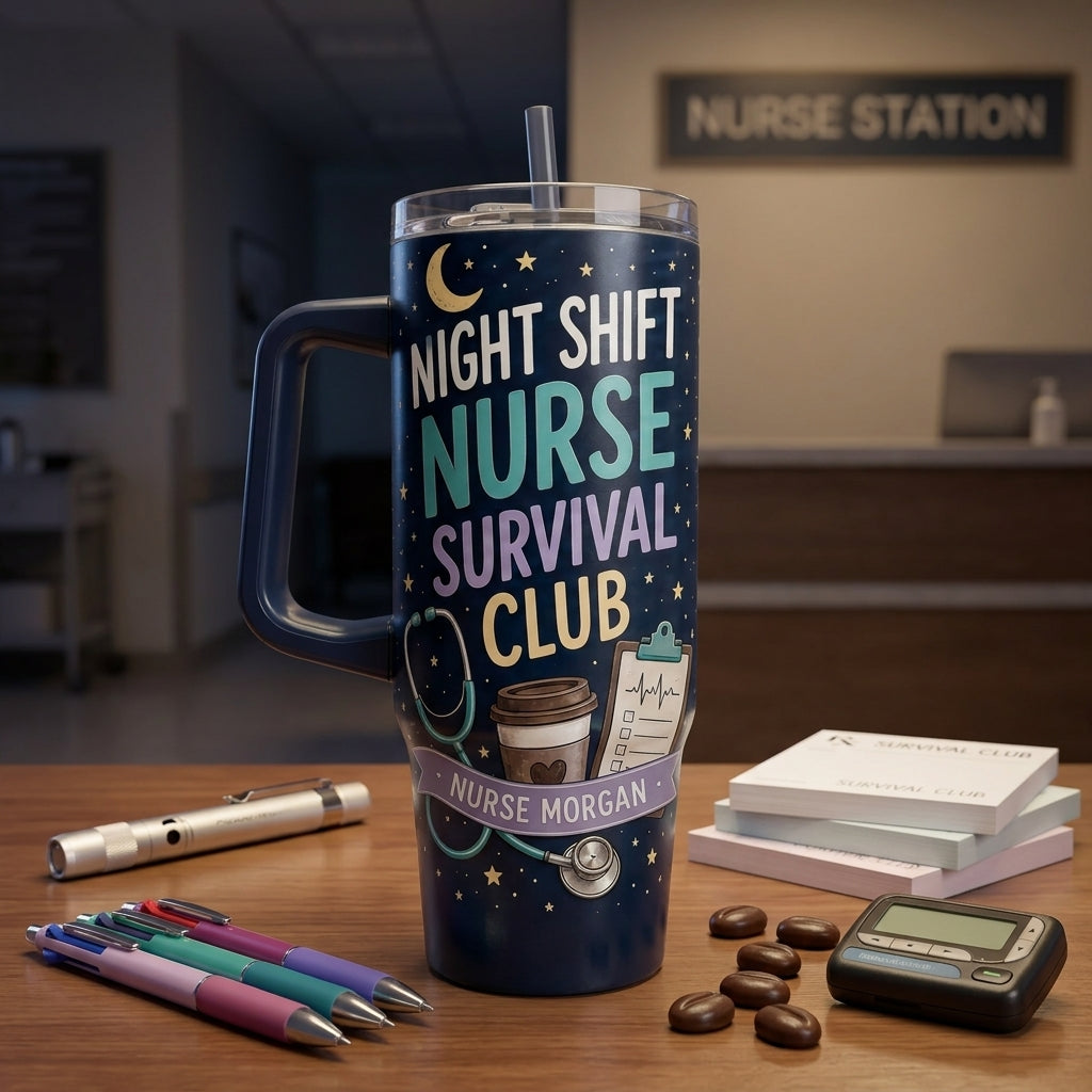 Personalized Night Shift Nurse Survival Club 40oz Tumbler with Handle - Custom Name 7PM-7AM Crew Gift