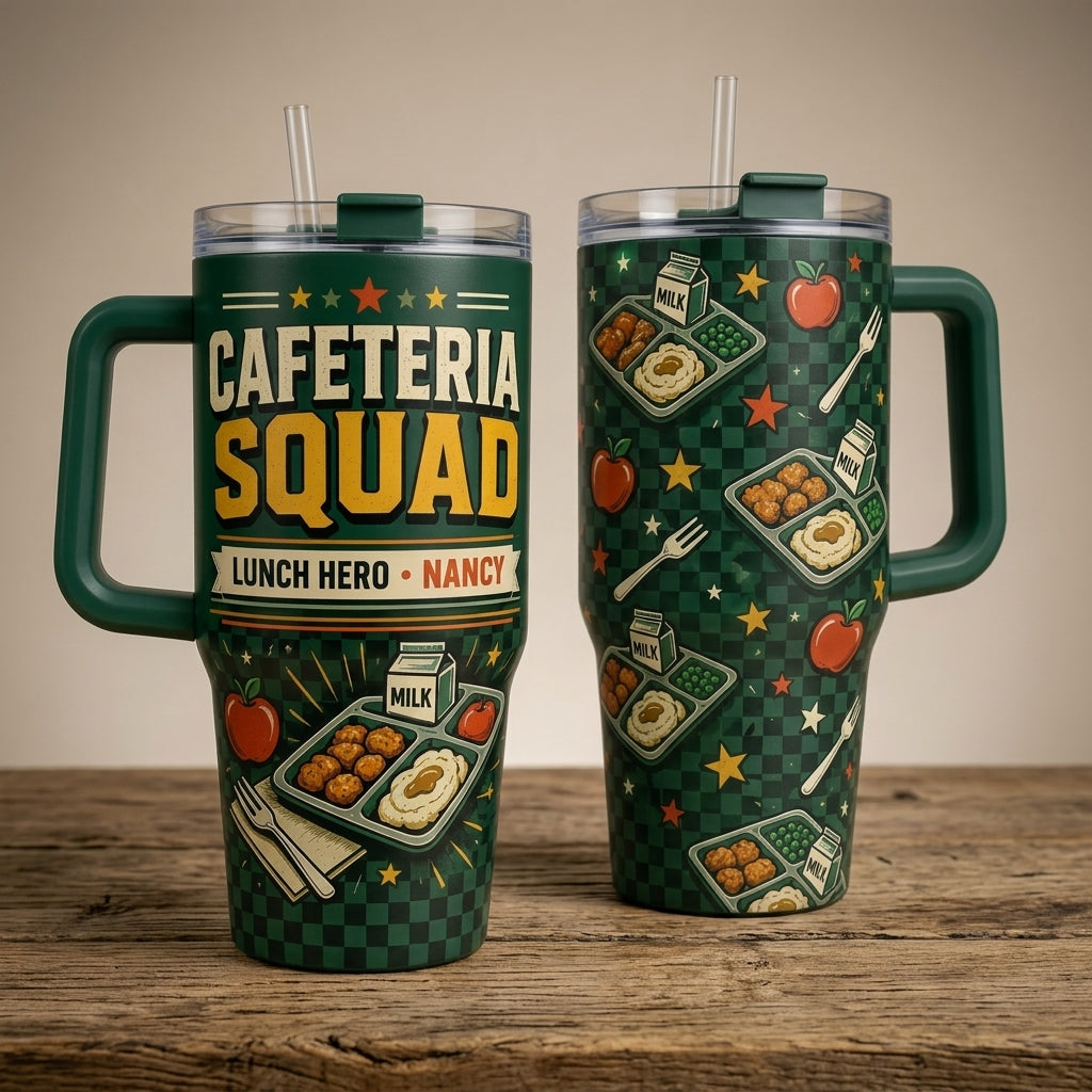 Personalized Cafeteria Squad 40oz Tumbler with Handle - Custom Name Lunch Hero School Gift