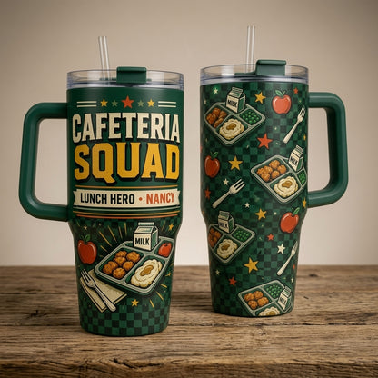 Personalized Cafeteria Squad 40oz Tumbler with Handle - Custom Name Lunch Hero School Gift