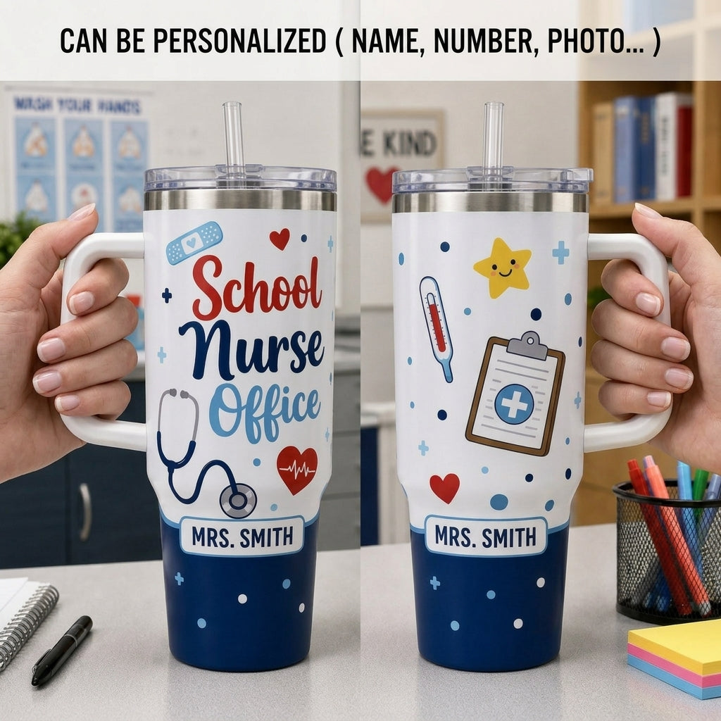 Personalized School Nurse Office 40oz Tumbler with Handle - Custom Name Travel Mug Gift