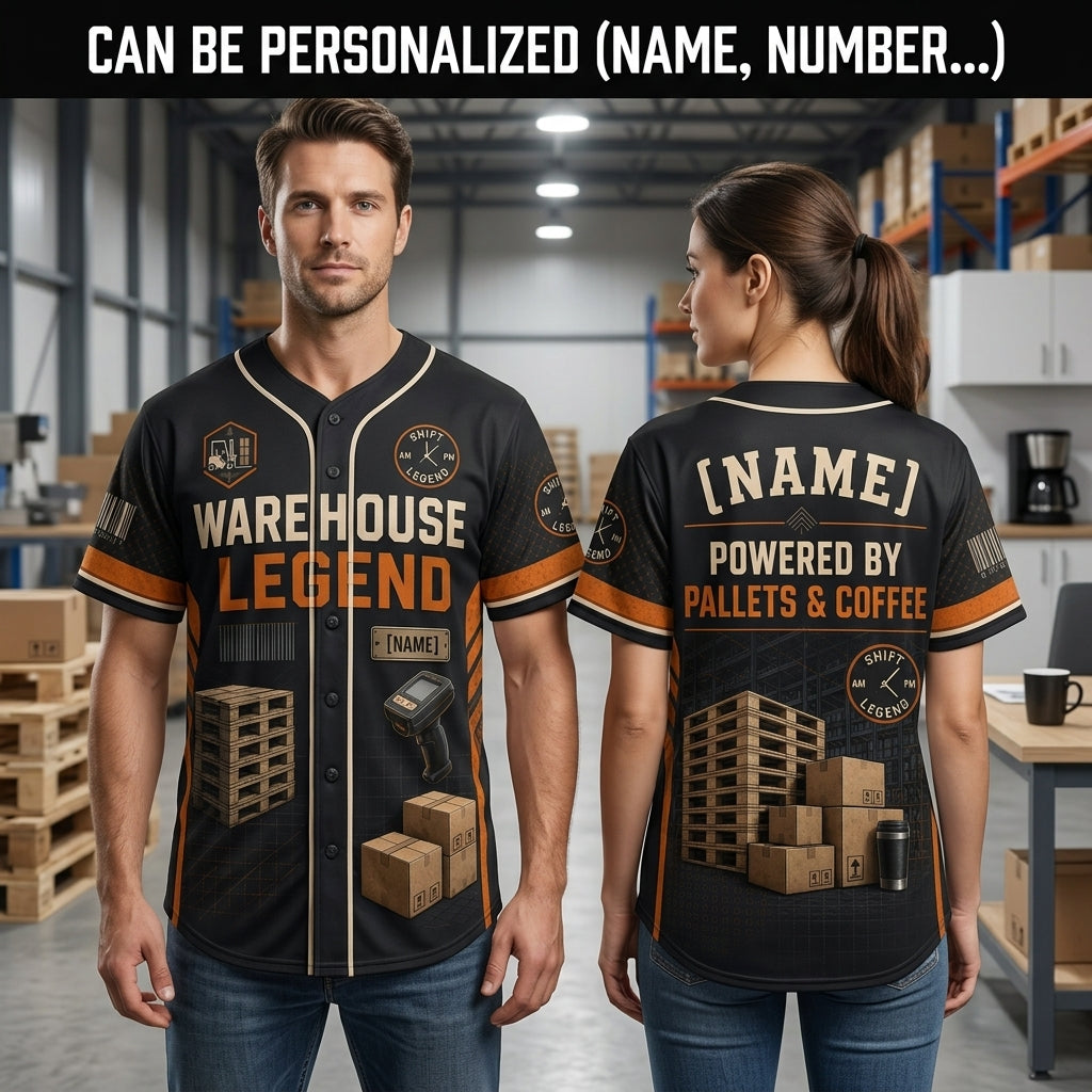 Personalized Warehouse Legend Baseball Jersey - Custom Name Logistics Gift Powered by Pallets and Coffee - baseball jersey product view 2