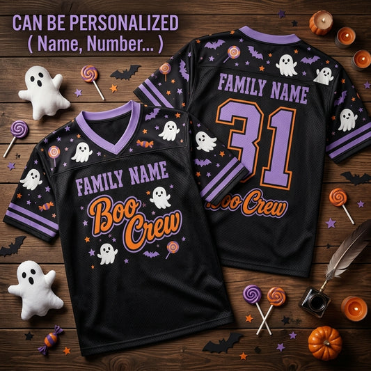Personalized Boo Crew Halloween Football Jersey - Custom Family Name & Number Spooky Ghost Mesh Jersey
