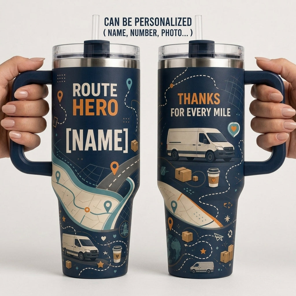 Personalized Route Hero 40oz Tumbler with Handle - Custom Name Delivery Driver Gift