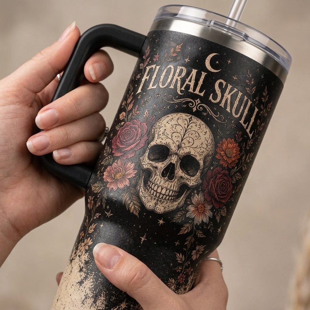 Personalized Floral Skull 40oz Tumbler with Handle, Gothic Rose Celestial Design Custom Name Travel Mug