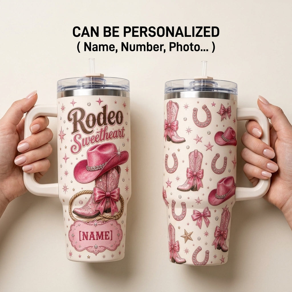 Personalized Rodeo Sweetheart 40oz Tumbler with Handle - Custom Pink Cowgirl Boots & Western Theme Gift