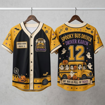 Personalized Spooky Bus Driver Halloween Baseball Jersey - Custom Name & Number My Bus Is Full Of Boos Graphic Shirt