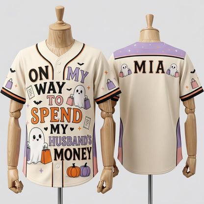 Personalized Funny Halloween Baseball Jersey - Custom Name Ghost Shopping Graphic Shirt