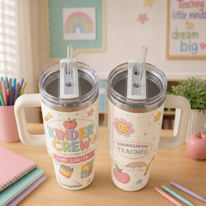 Personalized Kinder Crew 40oz Tumbler with Handle - Custom Kindergarten Teacher Name Gift