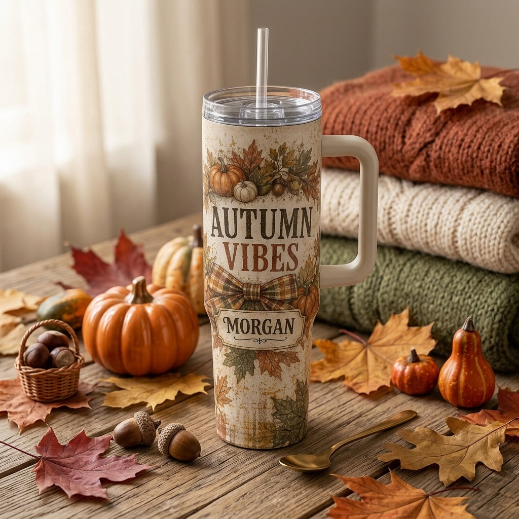 Personalized Autumn Vibes 40oz Tumbler with Handle, Custom Name Fall Leaf & Pumpkin Travel Mug
