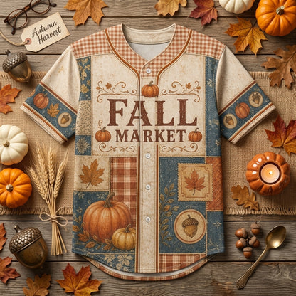 Personalized Fall Market Patchwork Baseball Jersey - Custom Name Autumn Pumpkin Apparel Gift