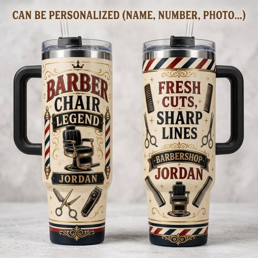Personalized Barber Chair Legend 40oz Tumbler with Handle - Custom Name Vintage Barbershop Gift