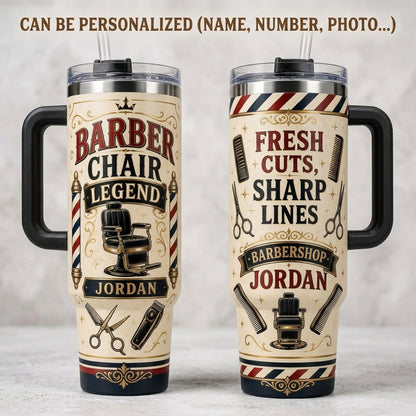 Personalized Barber Chair Legend 40oz Tumbler with Handle - Custom Name Vintage Barbershop Gift