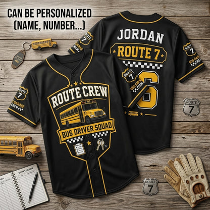 Personalized School Bus Driver Route Crew Baseball Jersey - Custom Name and Number Black Athletic Uniform