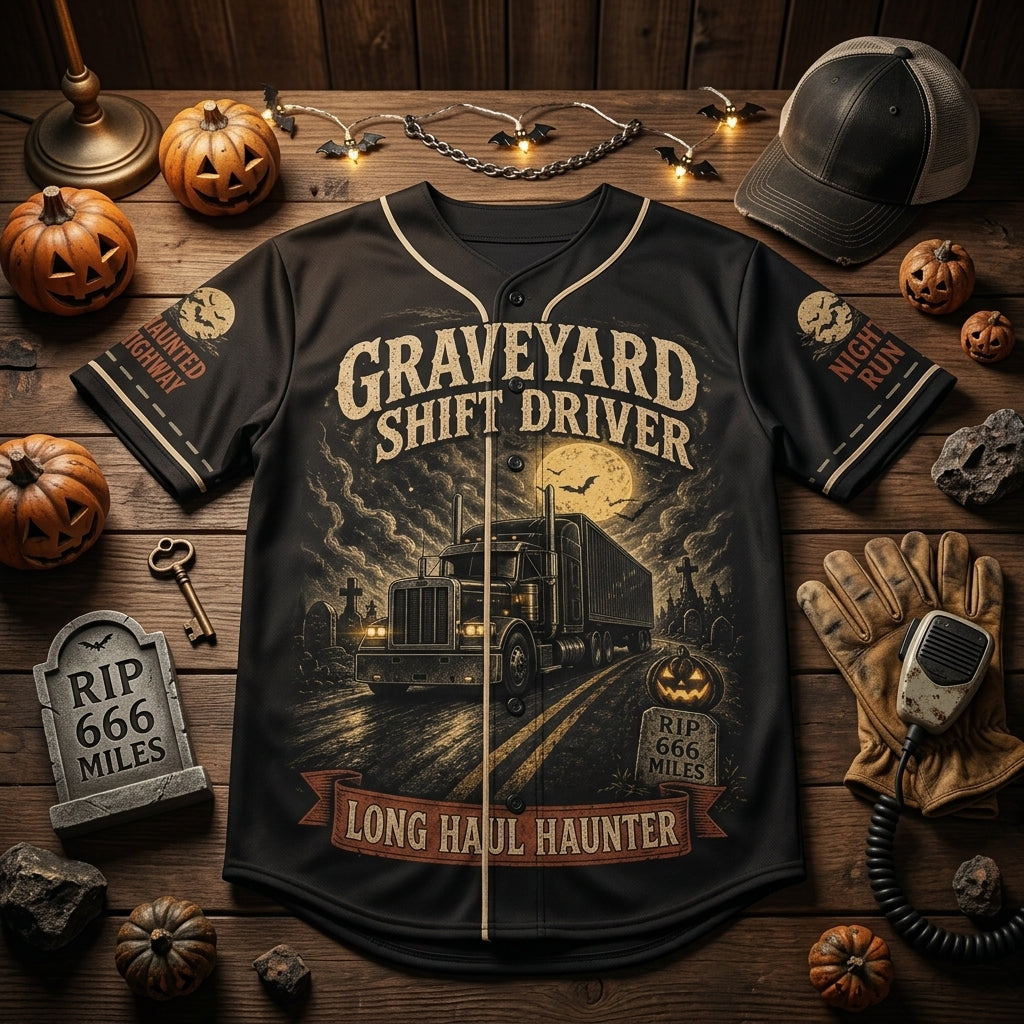 Personalized Graveyard Shift Driver Halloween Baseball Jersey - Custom Name & Number Trucker Gift