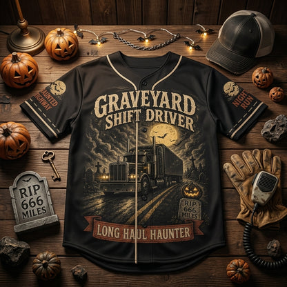 Personalized Graveyard Shift Driver Halloween Baseball Jersey - Custom Name & Number Trucker Gift