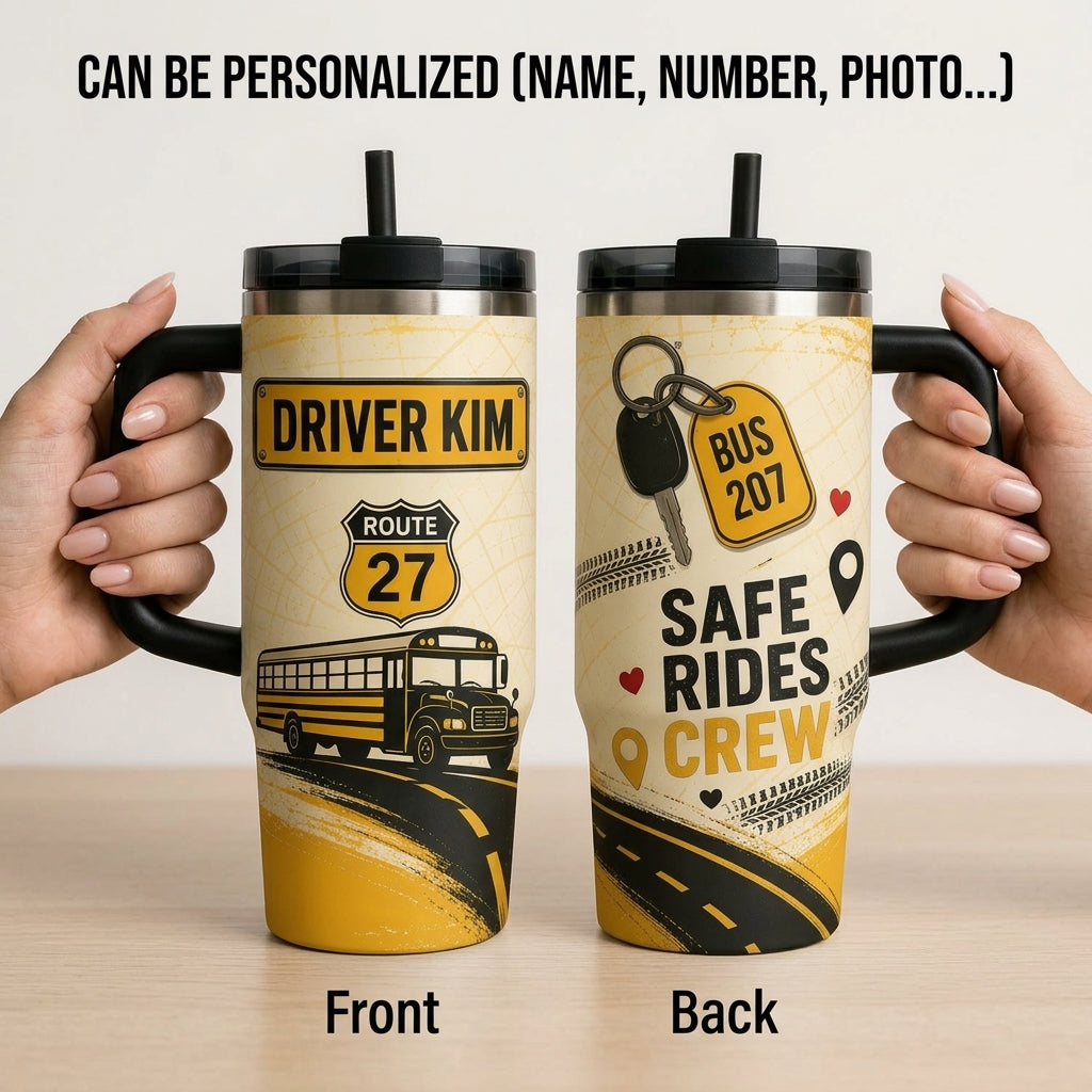 Personalized School Bus Driver 40oz Tumbler with Handle - Custom Name & Route Safe Rides Crew Gift