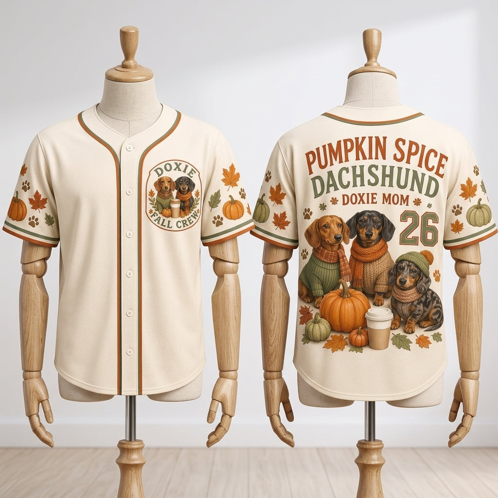Personalized Pumpkin Spice Dachshund Baseball Jersey - Custom Doxie Mom Fall Crew Shirt
